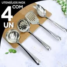 Kit Utensílios Para Cozinha 4 Peças Aço Inox Colher De Arroz Escumadeira Concha