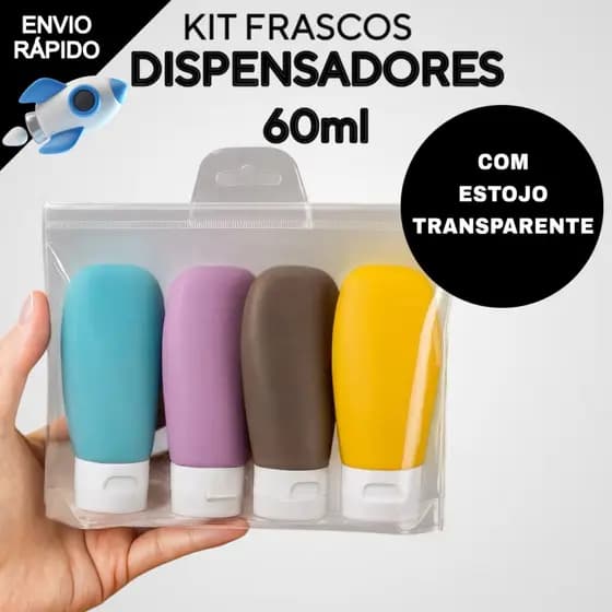 Kit 4 ou 3 Frascos 60ML Plástico e Estojo Transparente Útil Para Viagens Dispensador