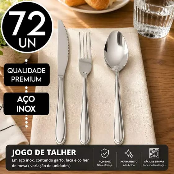 Jogo de Talheres 72 Peças Inox 24 Facas c/ Serra 24 Garfos 24 Colheres de Sopa Mesa Jogo de Talheres