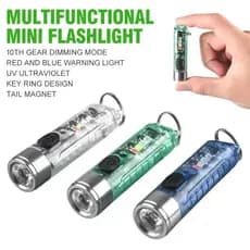 Lanterna LED Mini EDC Multifuncional Portátil com Luz de Chaveiro USB, Lâmpada UV, Lanterna de Emergência para Camping