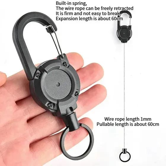 Chaveiro retrátil resistente com mosquetão, corda de aço forte, fivela com mola, chaveiro esportivo para atividades ao a