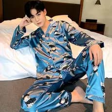 Pijamas masculinos primavera outono gelo seda manga comprida estilo fino mais gordura plus Size bonito dos desenhos anim