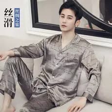 Pijamas masculinos primavera outono seda calças de manga comprida imitação de seda fina gelo seda Loungewear masculino p