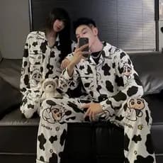 Estilo japonês vaca leiteira shin-chan casal pijamas feminino primavera outono manga comprida Crayon shin-chan casa masc