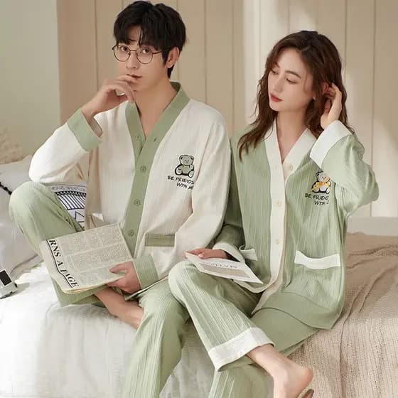 Pijamas casal outono calças de manga comprida quimono Cardigan versão coreana algodão terno de duas peças Loungewear pod