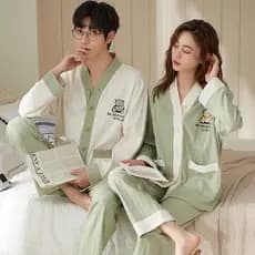 Pijamas casal outono calças de manga comprida quimono Cardigan versão coreana algodão terno de duas peças Loungewear pod
