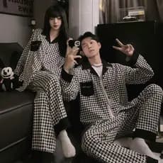 Casal pijamas feminino primavera outono estilo influenciador de alto valor Houndstooth masculino início da primavera ter