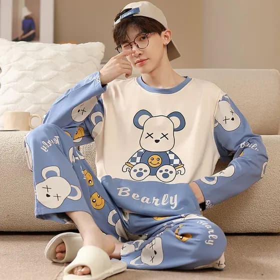 Versão coreana outono pijamas masculinos calças de manga comprida terno meninos 12-18 anos de idade adolescentes estudan