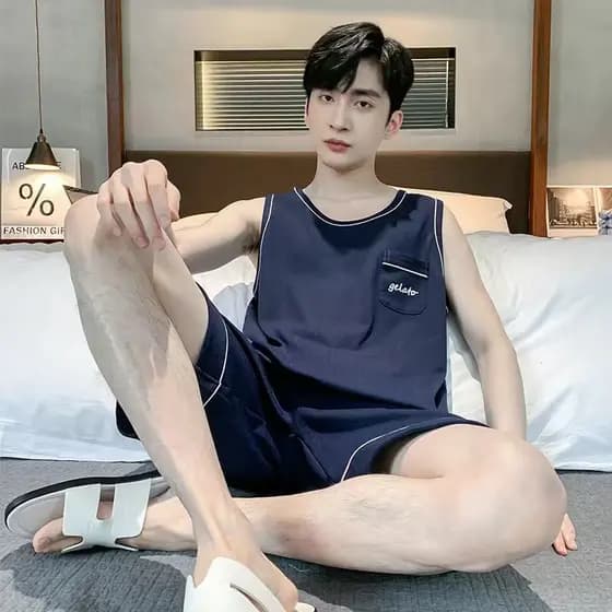 Pijamas masculinos verão sem mangas puro algodão fino colete Shorts Casual Homewear terno tamanho grande verão pode usar