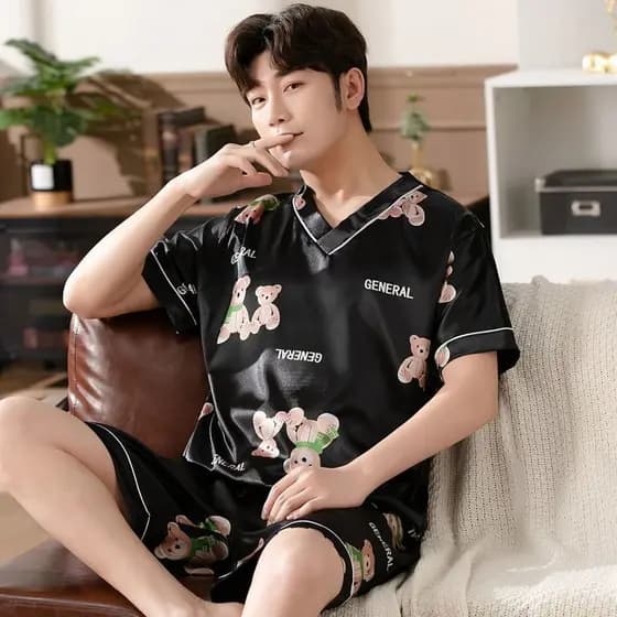 Pijamas masculinos verão simulação seda de manga curta jovem de meia-idade verão fino solto Plus Size seda gelo Homewear