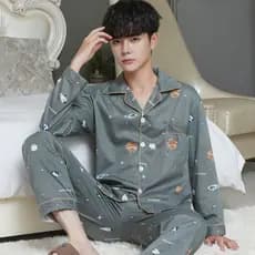 Pijamas masculinos primavera outono pijamas de algodão masculino de duas peças de manga comprida Cardigan jovem de meia-