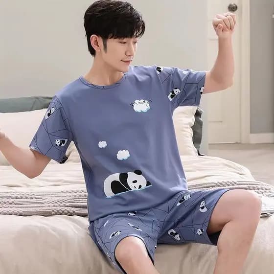 Pijamas masculinos calças de manga curta verão estilo fino estudante dos desenhos animados adolescente masculino Plus Si