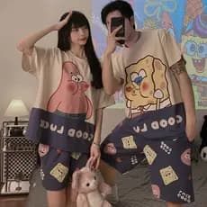 Casal pijamas de manga curta Shorts terno puro algodão estilo fino um masculino um feminino estudante primavera casal ro