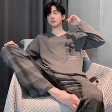 Calças xadrez pijamas masculinos primavera outono estilo imitação de algodão de manga comprida 2026 novo estilo Casual t