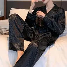 Pijamas masculinos de manga comprida primavera outono estilo fino seda gelo bonito exterior Wear Loungewear terno Plus S