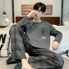 Primavera outono novo estilo pijamas masculinos de alta qualidade imitação algodão manga comprida versão coreana simples