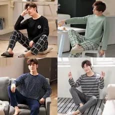 Pijamas masculinos terno de manga comprida outono verão jovem de meia-idade primavera outono pijamas masculinos estudant