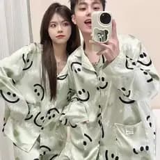 High-End casal pijamas feminino seda gelo primavera outono manga comprida verão estilo fino Tie-Dye urso masculino femin