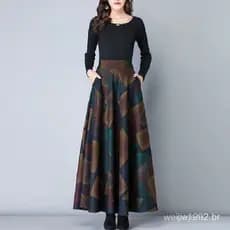 Saia de lã xadrez em corte A, saia com barra larga, saia longa, saia de comprimento médio, novo estilo feminino para out