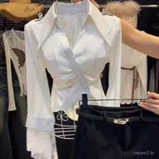Camisa feminina elegante de 2024 com detalhes em renda e gola de lapela, de alta qualidade, cintura justa, aparência mai