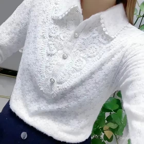 Camisa Jacquard Fashionável com Recortes, Branca, Manga Longa, Gola Alta, Camisa Solta para Mulheres, Casual, Primavera