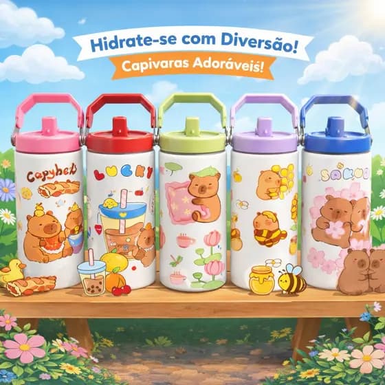 Garrafa Térmica Aço Inox Infantil Capivara Cute 700ml com Alça com Bico