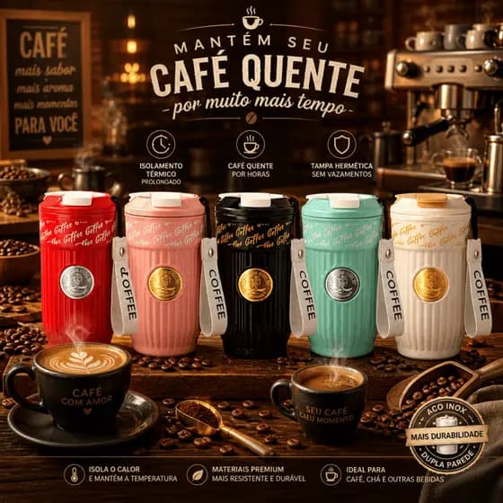 Copo Térmico Café 450ml Aço Inox com Tampa Trava Copo Portátil Bebida Quente Gelada
