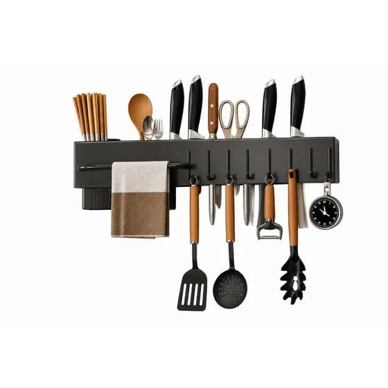 Suporte Organizador Cozinha Organix™ Parede Inox Preto 50cm 8 Ganchos Porta Utensílios Talheres Panelas Prático