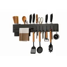 Suporte Organizador Cozinha Organix™ Parede Inox Preto 50cm 8 Ganchos Porta Utensílios Talheres Panelas Prático