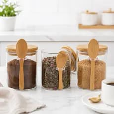 Kit 3 Potes Herméticos de Vidro 650ml Tampa Bambu Com Colher Organizador Mantimentos Cozinha