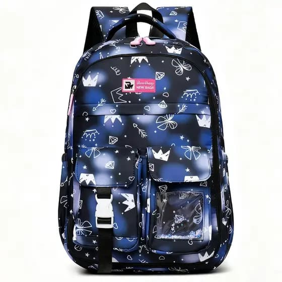 Mochila Infantil Feminina Escolar com Janela Transparente, Abertura 180°, Chaveiro de Ursinho e Estojo Interno