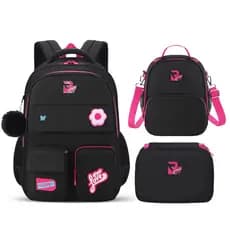Kit Mochila Infantil Feminina Escolar 3 Peças com Lancheira Estojo Flor Fofa com Pompom Grande