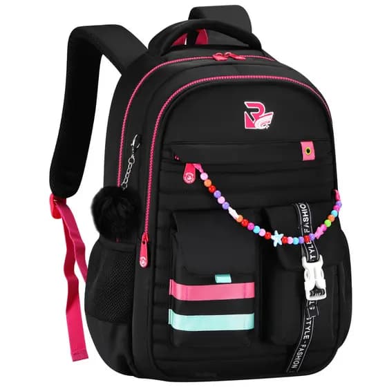 Mochila Escolar Feminina Cute com Bordado de Coração Pompom Miçangas Grande Capacidade Leve para Escola Passeios Diário