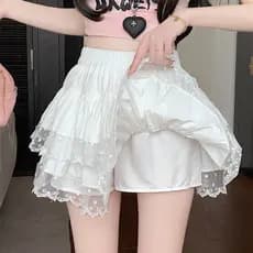 Saia de bolo de camada dupla de cintura alta slim, saia de bolo fofa com elástico, moda doce, saia de calça em linha A