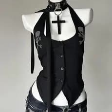 Y2k Yabi Hot Girl Top Halter Neck com Design de Caveira e Strass para Mulheres, Top Sem Alças e Sem Costas para o Verão,