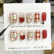 Unhas Postiças Fofas Estilo Maçã, Estilo Curto em Malha Vermelha, Princesa com Toque de Brisa de Outono, À Prova d'Água,