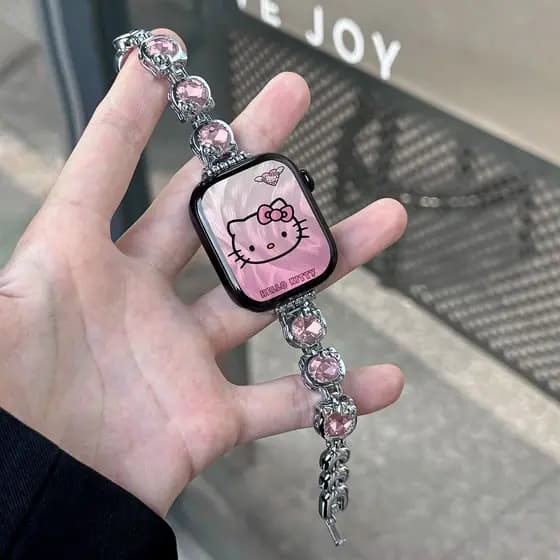 Compatível com Apple Watch SE110Ultra98765432, pulseira de relógio feminina em metal com detalhes de diamantes.