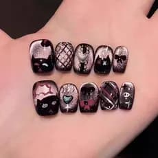 [Black Pink Meow Meow] Unhas Postiças Removíveis Curtas com Efeito Olho de Gato Brilhante, Pintadas à Mão, Estilo Doce e