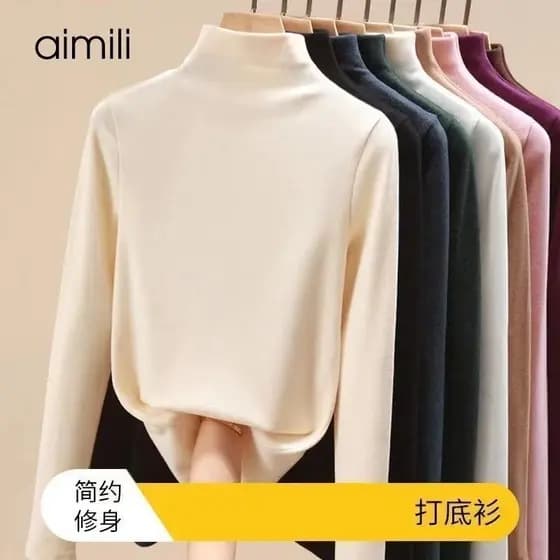 Camiseta térmica de dupla face para mulheres, em tecido flanelado, para outono e inverno, com gola semi-alta, ideal para