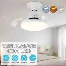 Ventilador de Teto Retrátil Lâmpada 3 Cores Silencioso 16W+12W 3 Pás Design Sofisticado Bivolt