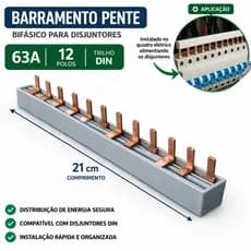 Barramento Pente 12 Polos 63a Bifásico Asus Trilho Din