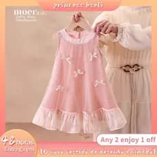 Vestido de verão para meninas, 2025 novo estilo, sem mangas, com laço, saia de malha com lantejoulas