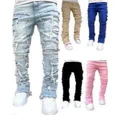 Europeu americano 2025 novo estilo masculino moda na moda remendo Jeans fino ajuste multicolorido elástico ligeiramente