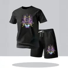 Terno esportivo masculino estilo Street Wear preto impressão Digital manga curta + Shorts terno Casual de duas peças