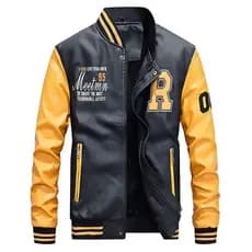 Jaqueta de couro masculina contraste cor estilo americano bordado gola de beisebol de alta qualidade uniforme da motocic