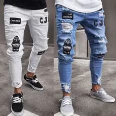 Badge Men Jeans Trendy Joelho Rasgado Zíper Calças Skinny Calças Rasgadas
