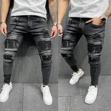 Masculino rasgado impresso jeans número vendas remendo estiramento jeans Skinny