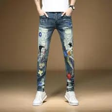Patch Scratchy Beggar Calças Masculinas Slim-fit Pés Pequenos Bordados Calças Masculinas Versão Coreana Primavera Jeans
