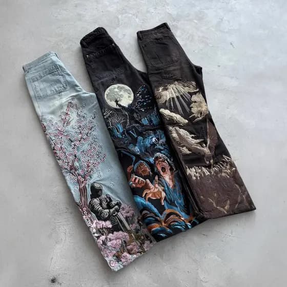 Alta qualidade Vescartes jeans Retro indústria pesada bordado perna larga flor de cerejeira jeans masculino feminino 6.2