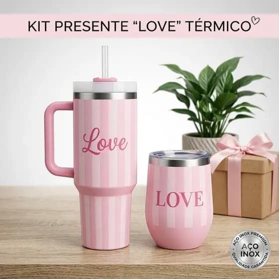 Kit Caneca 1200ml E Copo 360ml Térmico Inox Love Presente Namorada Esposa Com Caixa